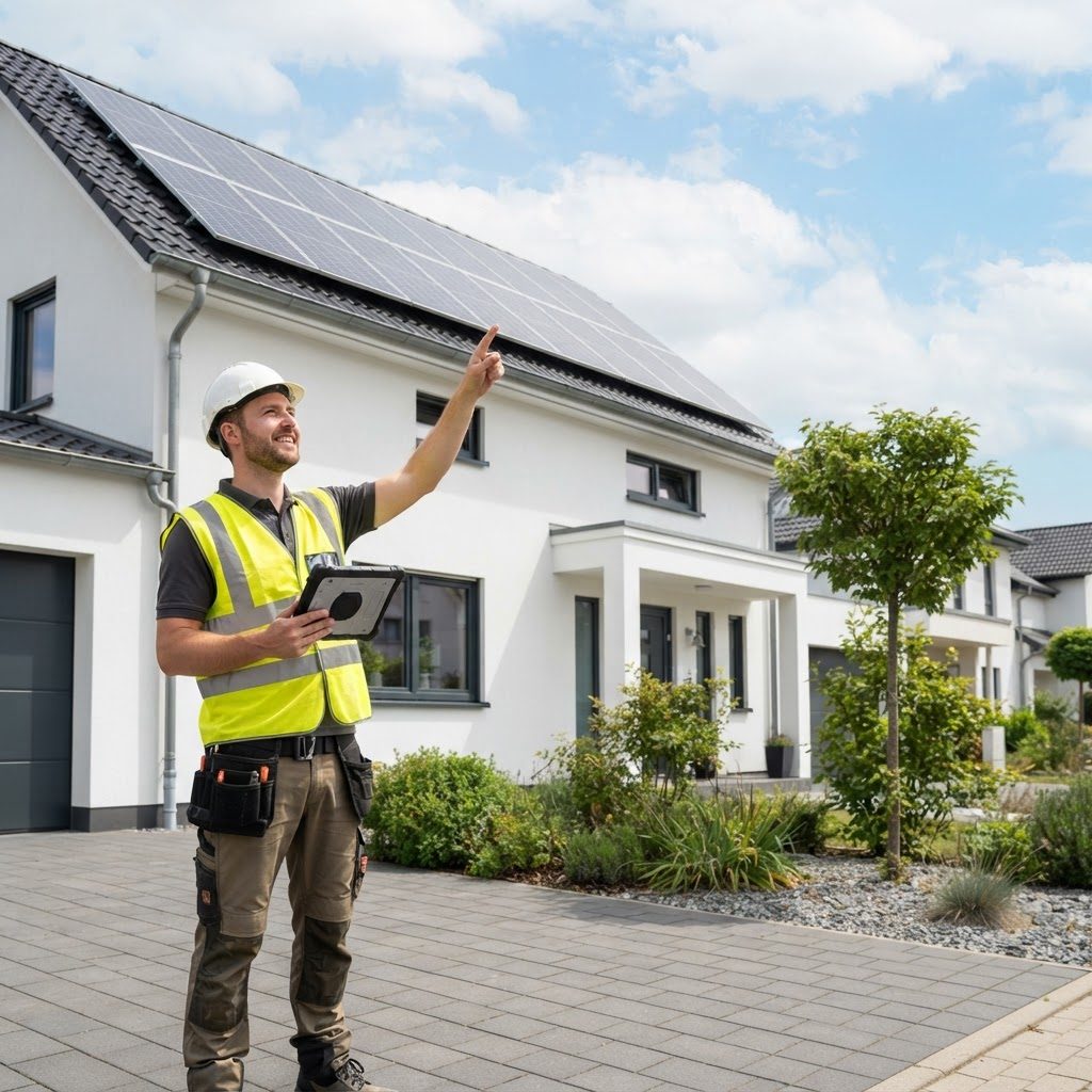 Solar installer pointing at rooftop panels with a tablet
