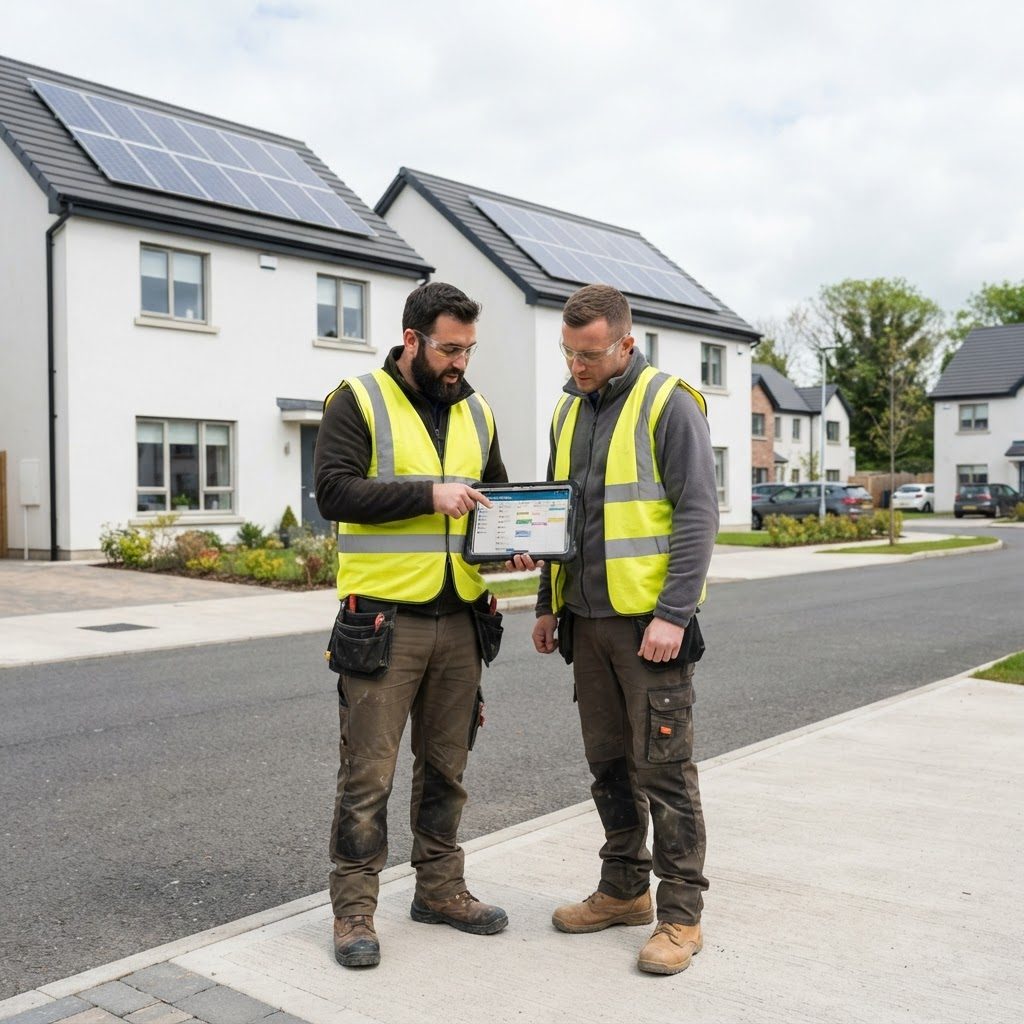 Two solar installers reviewing the SolarFlow app on a tablet in front of houses with rooftop solar panels