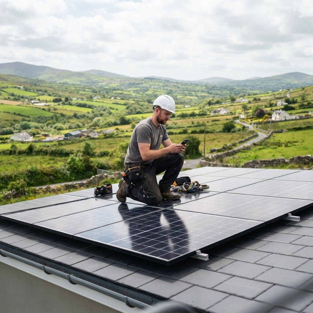 Solar installer working on rooftop panels overlooking green Irish hills